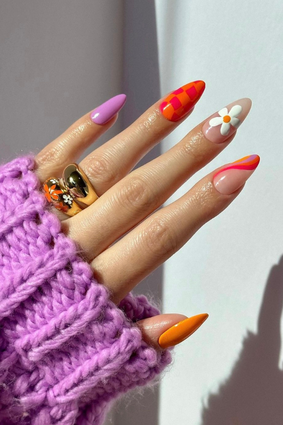 checkerboard flower rounded nails