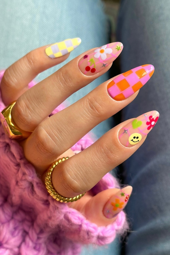 checkboard floral smiley face almond nails