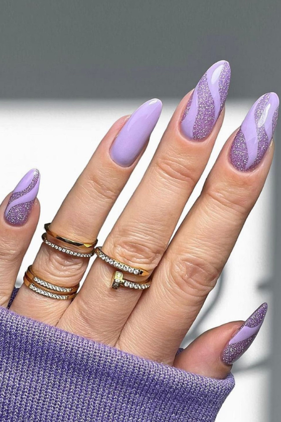 purple and glitter swirly nails