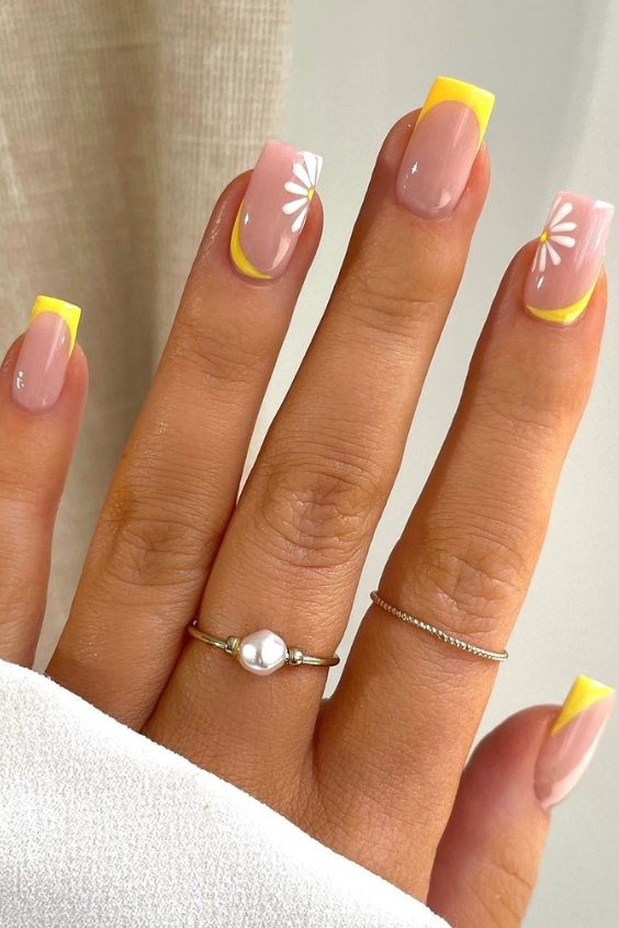yellow tip floral square nails