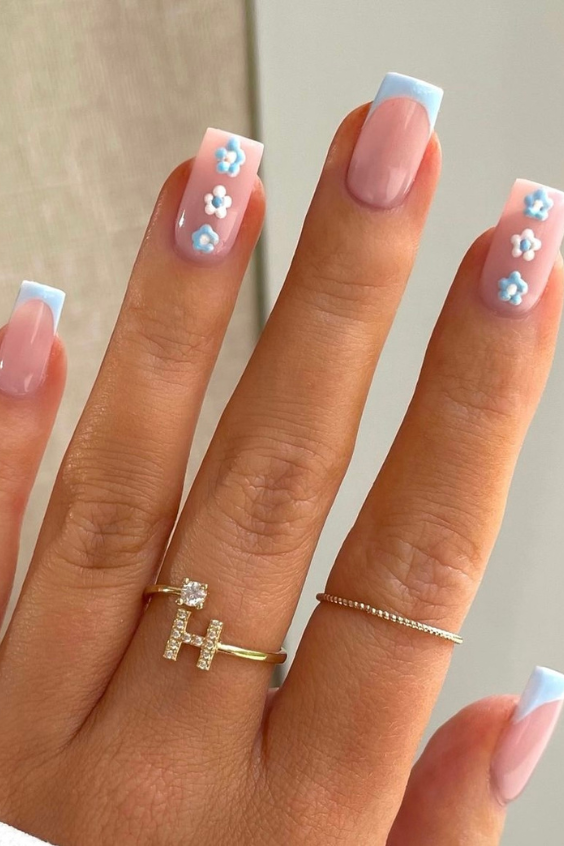 baby blue square shaped nails with flowers