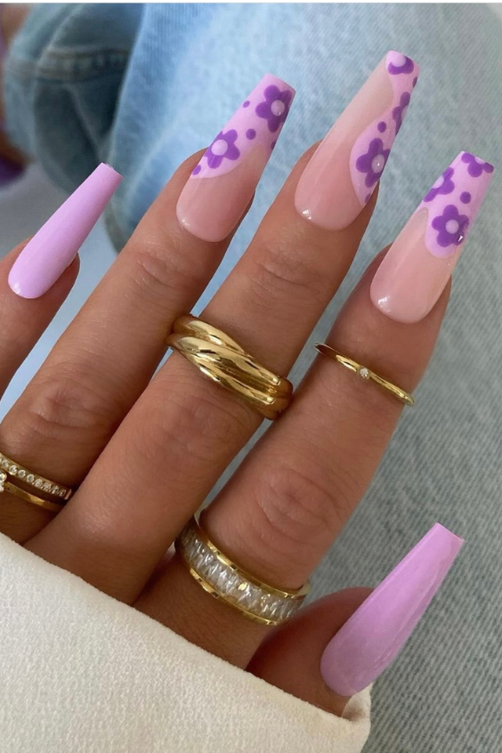 purple floral coffin shape nails