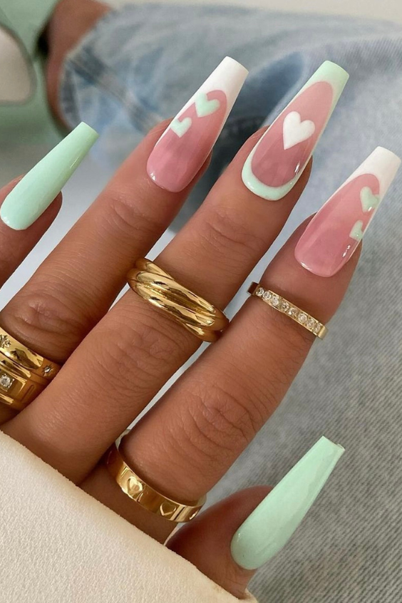light green tip coffin nails with hearts