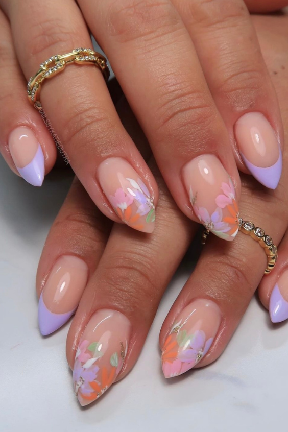 watercolor floral purple nails